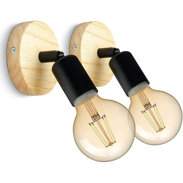 Aplique de pared vintage de madera para interiores, giratorio 180°, estilo retro industrial, E27, para dormitorios, salones, escaleras y pasillos (juego de 2)