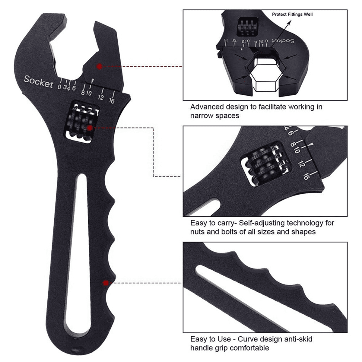 2X AN3-AN16 Tubing Wrench Hose Wrench V-Type Adjustable Wrench Hose Fitting Wrench Black