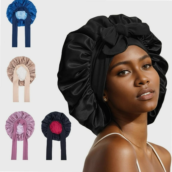 Satin Bonnet Silk Bonnet Hair Bonnet for Sleeping Double Layer Hair Bonnet with Elastic Tie Band for Women Natural Curly Hair(Pink,black,blue，Brown)