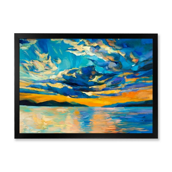 Designart 'Cloudy Sunset Over Wide Open Ocean Horizon' Nautical & Coastal Framed Art Print