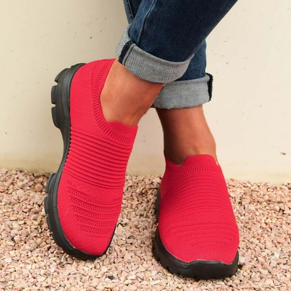 CAICJ98 Sneakers for Women Women's Slip on Flat Shoes Comfortable Knit Loafers Lightweight Nurse Walking Sneakers,Red