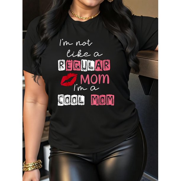 Women'S Casual Crew Neck T-Shirt with Red Lips Letter Print, Fashionable Short Sleeve Top for Mother'S Day, Polyester Knit Fabric, Medium Stretch, 180g/m² - Spring/Summer/Fall