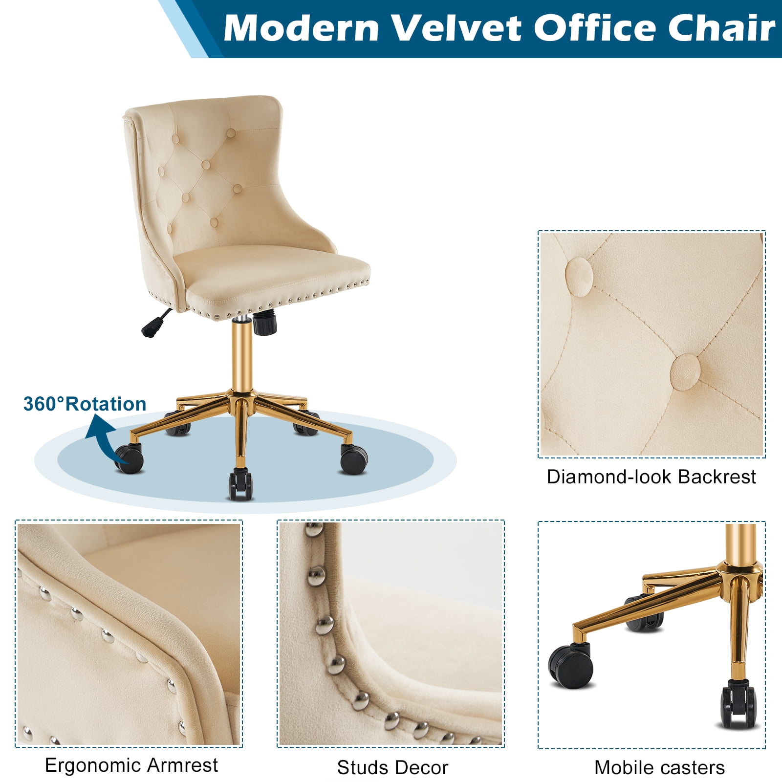 UBesGoo Armless Office Chair Flannel Computer Task Chair Adjustable Swivel Vanity Chair with Ergonomic Backrests and Wheels for Conference and Home Beige & Gold