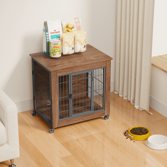 27.2"Furniture Style Dog Crate with Wheels, Double Door Indoor Dog Kennel for Small Dogs, Particle Board & Steel Pet Cage with Storage Top
