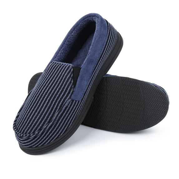 Men Memory Foam Warm Velvet Moccasins Slippers, Knitted Non-Slip Striped Plush Slides Shoes