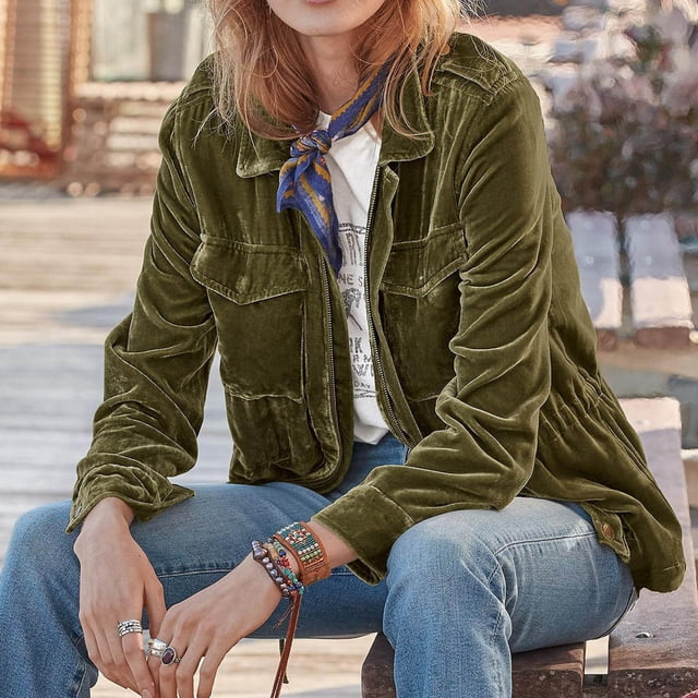 WRKEKC Veste en Velours Peluche pour Femmes, Design à Taille Nouée, Manches Longues, Automne Hiver, Grande Taille, Vert Armée m