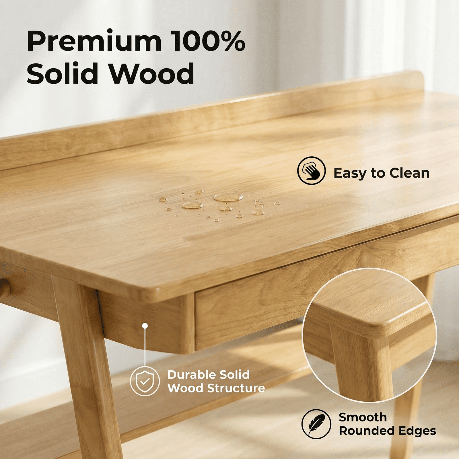 Solid Wood Writing Desk, Mid Century Modern Home Office Desk with 2 Drawers, Storage Shelf and Side Hooks, Wooden Study Desk for Bedroom Small Spaces