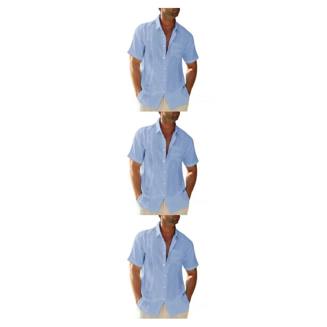 pitrice Men Shirt Casual Short Sleeve Breathable Replacement Button Down Solid Color Fashionable Home Dating Shirts Top Light Blue XL 3Set