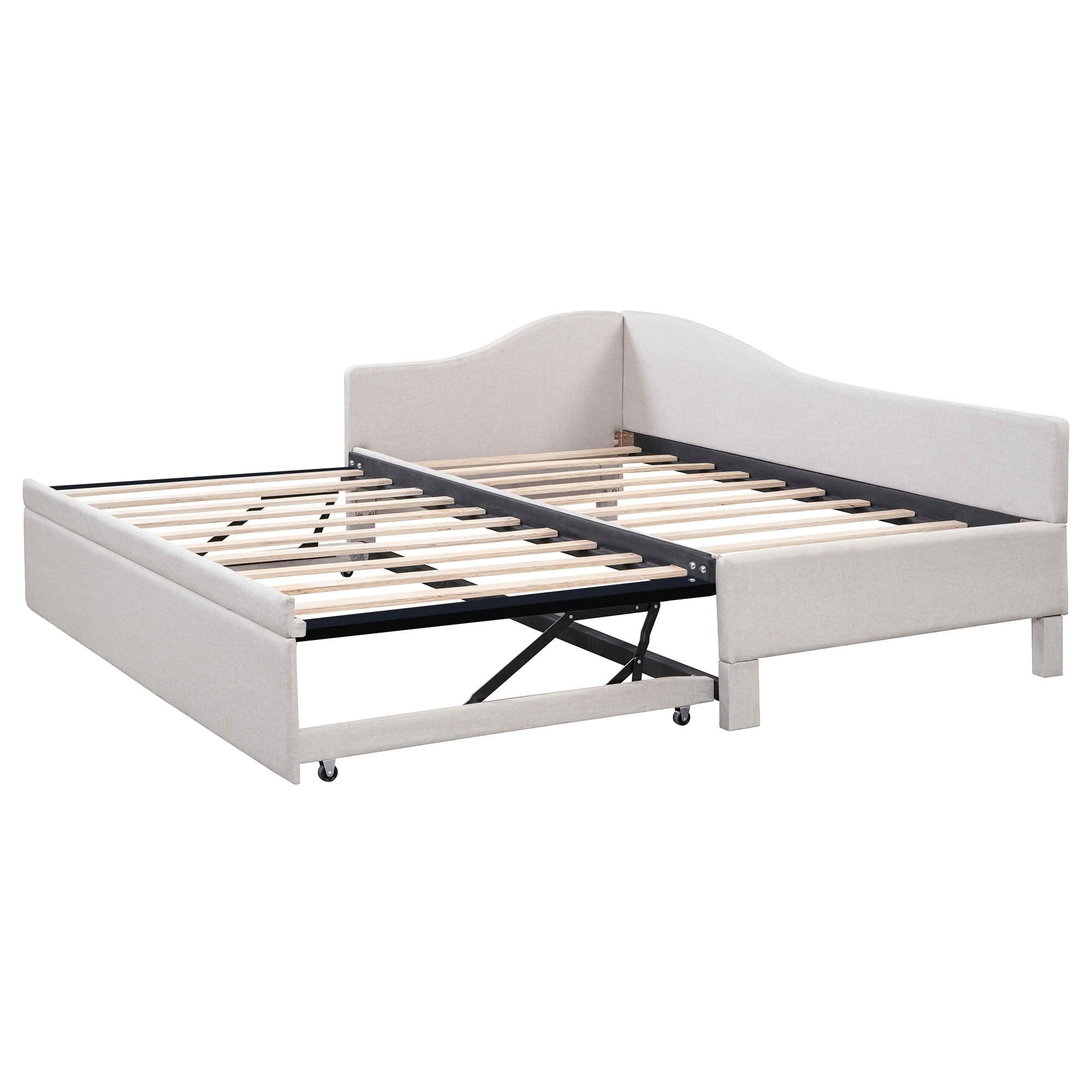 MAYEERTY L-Shaped Linen Upholstered Daybed with Twin to King Expandable Trundle, No Box Spring Needed