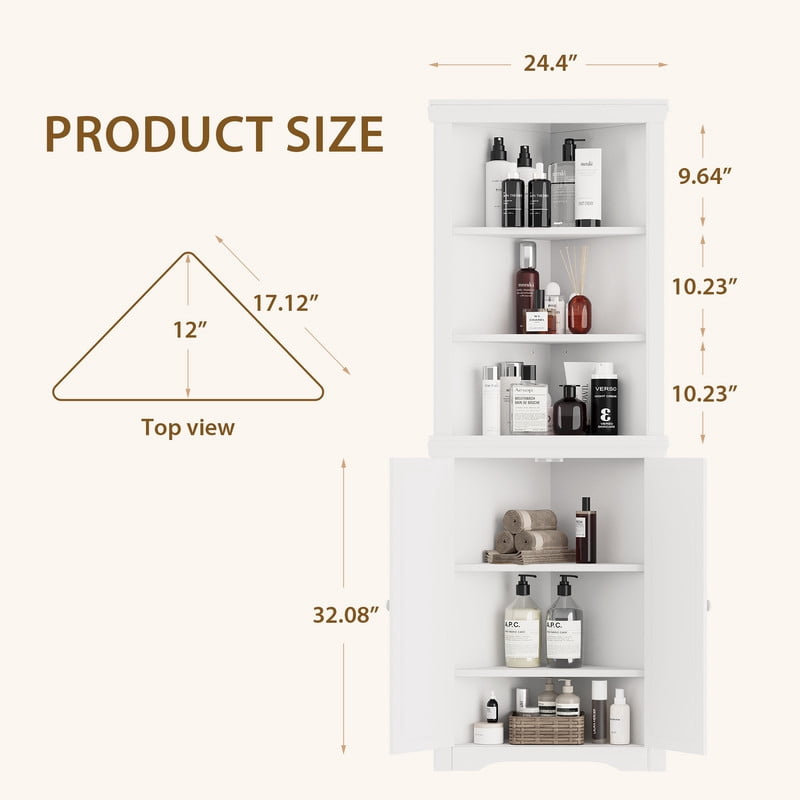 Lacoo 62'' Tall Corner Cabinet with 3 Shelves and 2 Doors, Corner Storage Cabinet Shelving Storage with Adjustable Shelves for Kitchen Living Room Bathroom, White