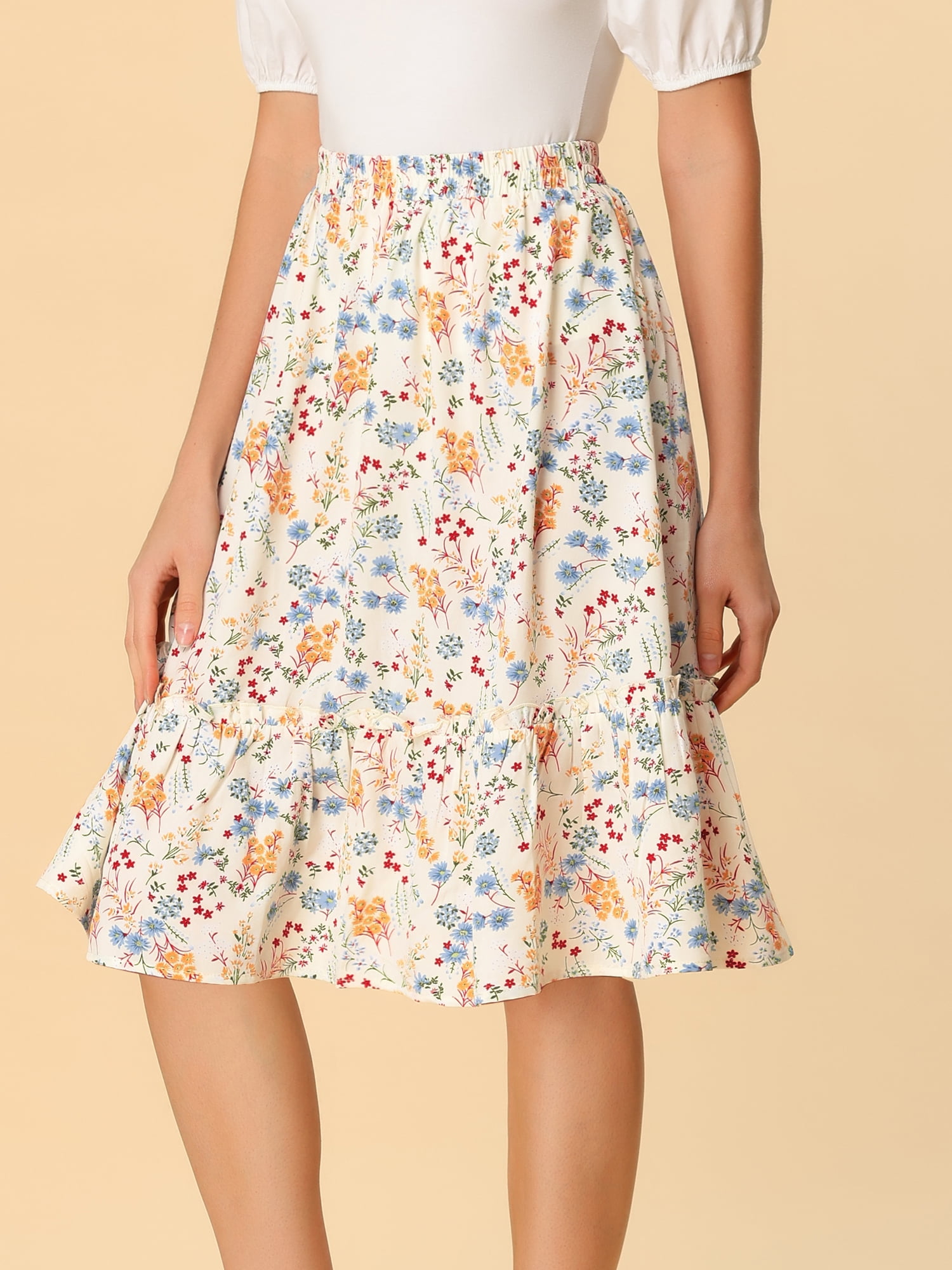 DARING DIVA Women's Flowy Ruffle Hem Tiered Floral Midi Skirt M White