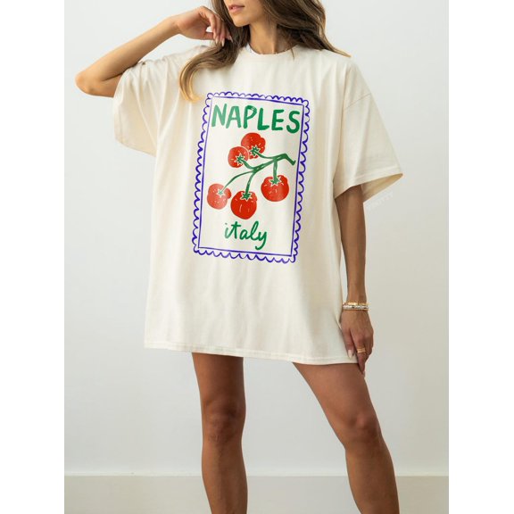 Naples Italy Tee | Italian Summer Shirt, Retro Postage Stamp Tee, Tomato Graphic Tee, European Summer Top, Trendy Oversized Summer T-shirt