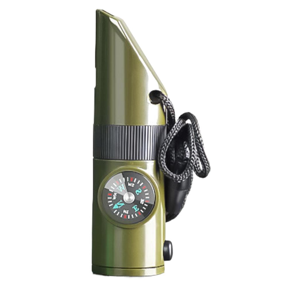 New 7 in 1 Camping Hiking Emergency Survival Whistle with Compass,Thermometer,Outdoor Whistle Camping Tools ArmyGreen Color
