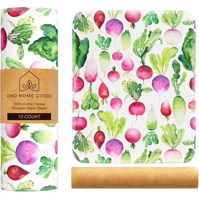 Serviettes en Papier Réutilisables (12"X10 Pouces) - Serviettes en Papier Douces et Absorbantes 100 % Tissu - Rouleaux de Serviettes en Papier Lavables avec Rouleau en Carton Serviettes Lavables - Torchons (Radis d'Été, 12x10 Pouces)