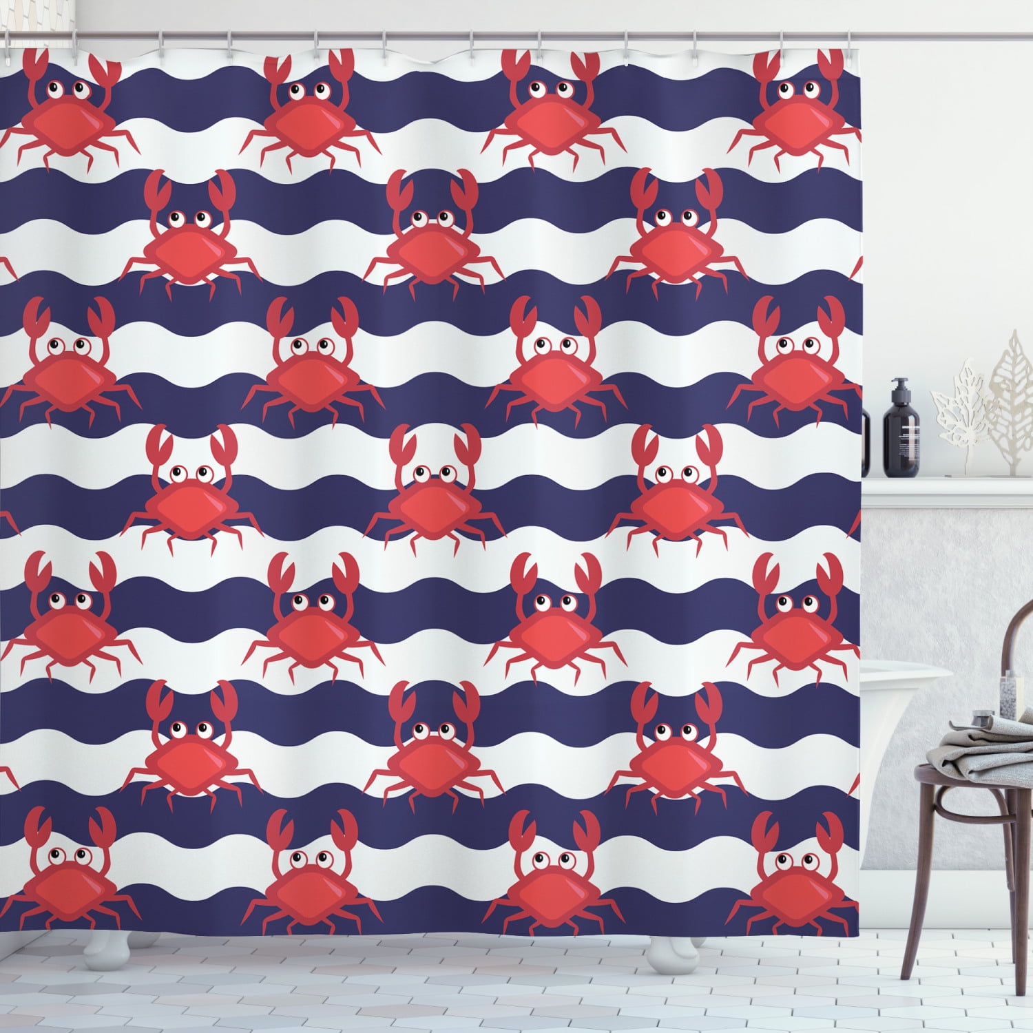 Crabs Shower Curtain, Nautical Maritime Theme Cute Crabs on Striped
