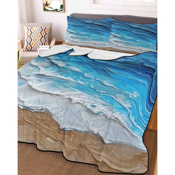 Blue Coastal Beach Queen Size Down Alternative Comforter, Lightweight Comforter Quilt Bedding Set with Pillow Shams Summer Nautical Oil Painting All Seasons Bed Comforter Duvet Insert 90"x96"