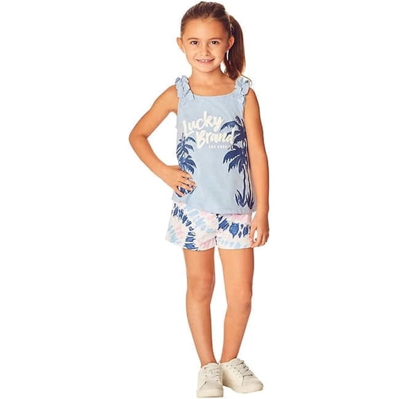 Lucky Brand Little Girl's 2 Piece Outfit Set, 1 Top, 1 Short (Blue Tie Dye, 4T)