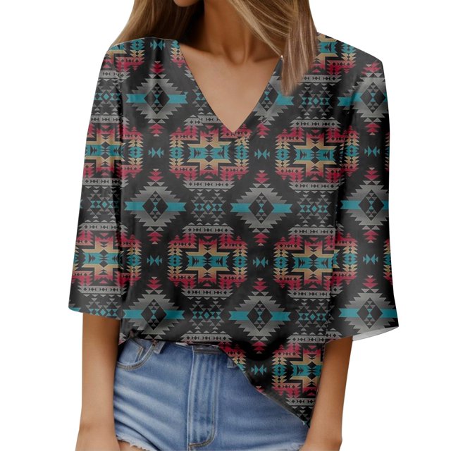 Gibobby Camisetas Mujer Baratas Manga Corta Camiseta mujer con cuello en V, manga corta, manga siete cuartos, estampado casual(Negro,M)