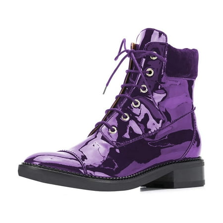 

YDN Women Graceful Round Closed Toe Ankle Boots Suede Chunky Block Low Heels Lace Up Shorts Boots Office Winter Shoes Size 15 Dark Orchid Patent