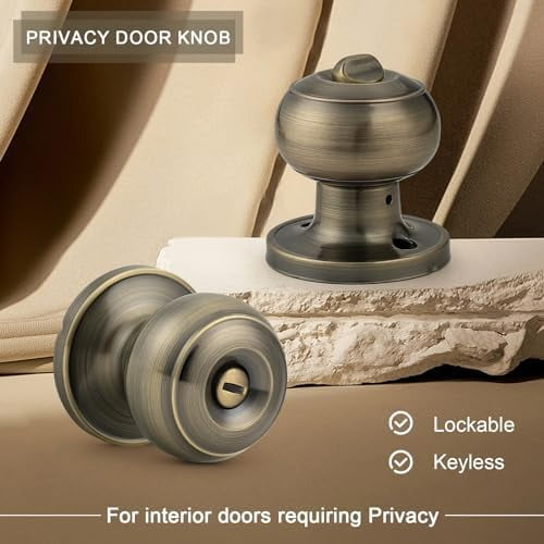 10 Pack Privacy Door Knobs Lock Interior Bedroom Bathroom Door Handle Antique Brass Round Ball Keyless Lockset