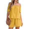 thumbnail image 1 of Trajes cortos con hombros descubiertos para mujer, moda de verano, holgados, de Color puro, a cuadros, trajes de 2 piezas para el hogar, viajes diarios, 1 of 7