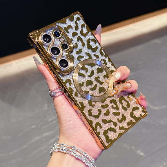 Leopard Print Case for Samsung Galaxy S25 Ultra for Women, Magnetic Gradient Glitter Back, Electroplated TPU Shockproof Protective Cover with Lens Protector, Lightweight Anti-Scratch Case, Gold
