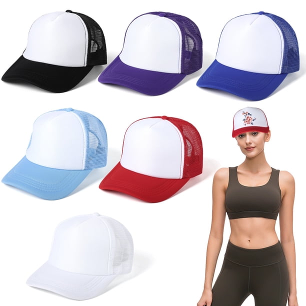 6 gorras de camionero con impresión en blanco, gorras de béisbol de malla de poliéster, gorras de béisbol de malla unisex ajustables con cierre a presión, gorras de malla de camionero de verano para h