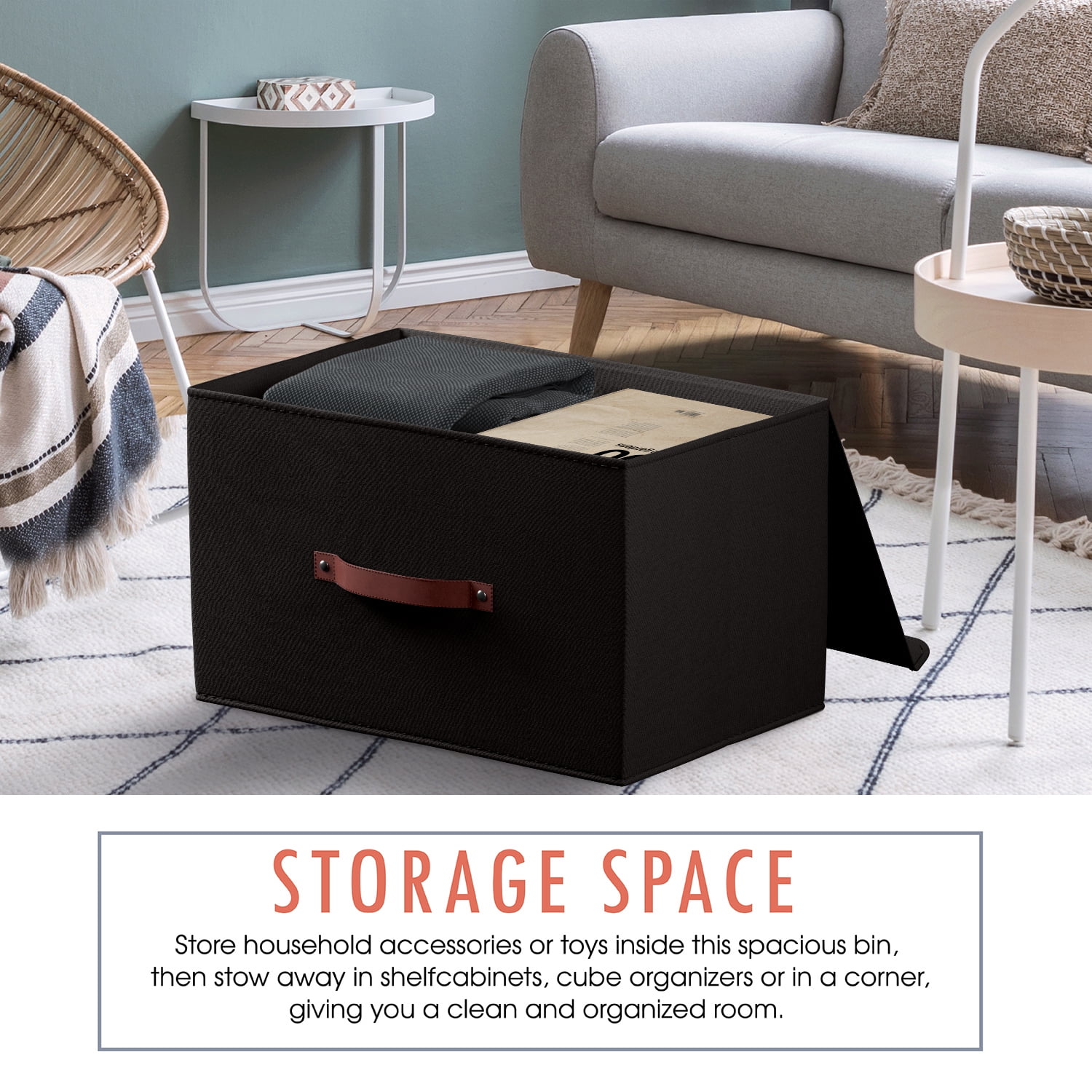 Ornavo Home Foldable Collapsible XLarge Storage Box Bins Linen Fabric Shelf Basket Cube Organizer with Leather Handles and Lid - Set of 6 - 16.5 x 11.8 x 7.5