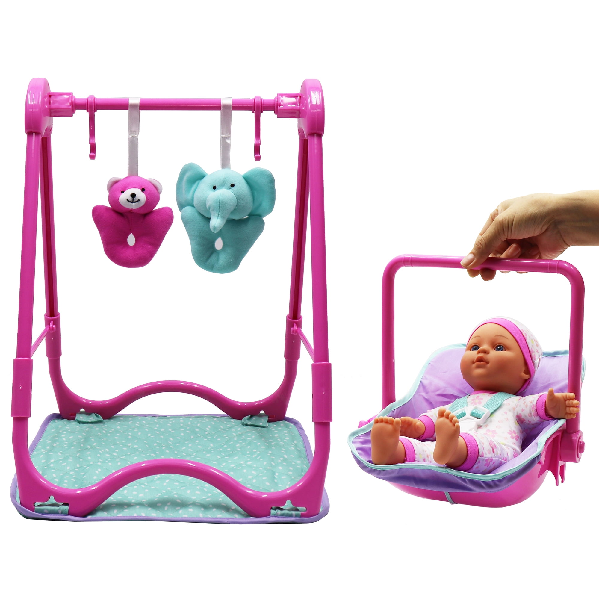 Dream Collection: Baby Doll 4-In-1 High Chair Play Set - Pink & Teal - 12" Doll, Hand-Held Carrier, Feeding Accessories, Realistic Play, Kids Ages 2+