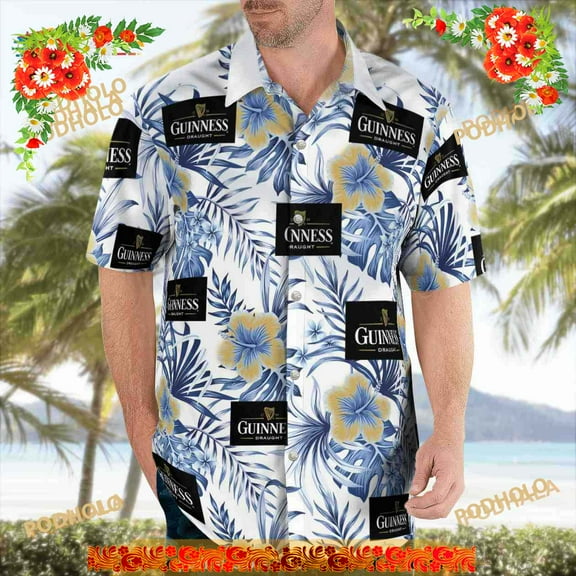 Guinness Hawaiian Shirt, Blue And Yellow Hibiscus Aloha Shirt
