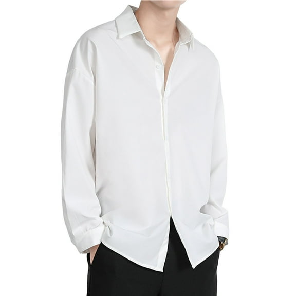 comerut Men Autumn Shirt Single-breasted Placket Long Sleeves Solid Color Lapel Cardigan Warm Loose Casual Business Spring Tops for Work