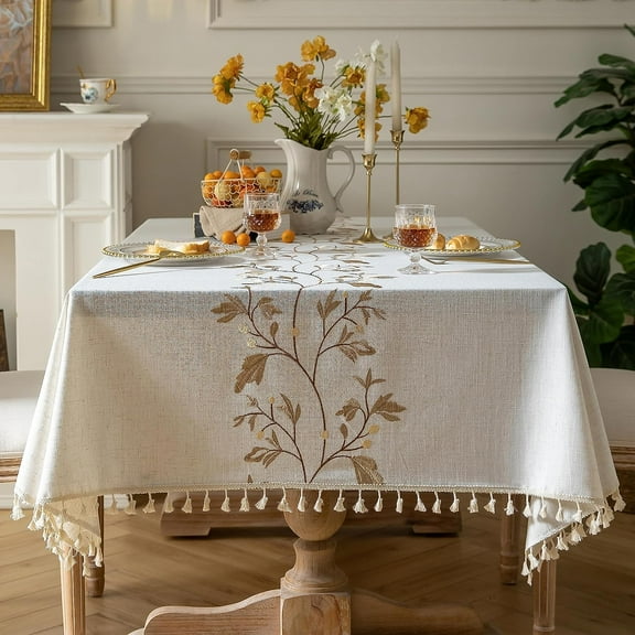 XmhyTop-A Tablecloth for Dining Table Rustic Table Cover, Farmhouse Kitchen Table Cloth, Cotton Linen Fabric Small Rectangle Table Cloths for 8 to 10 Seats, Beige, Coffee Leaf, 55x102 Inch