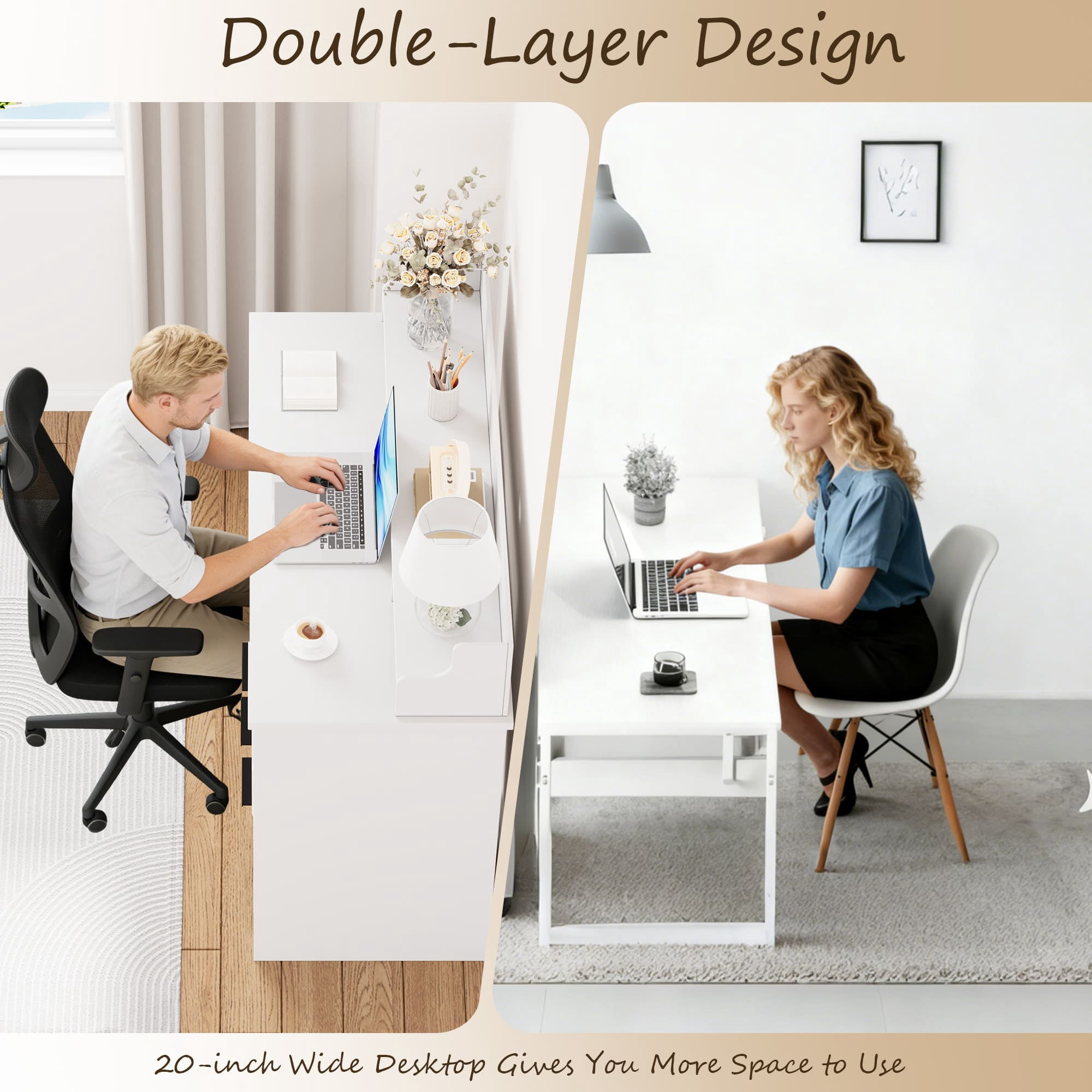4 EVER WINNER White Home Office Computer Desk with 4 Drawers & Hutch, Modern Wood Study Writing Table for Bedroom, Home Office Furniture with Ample Storage Space