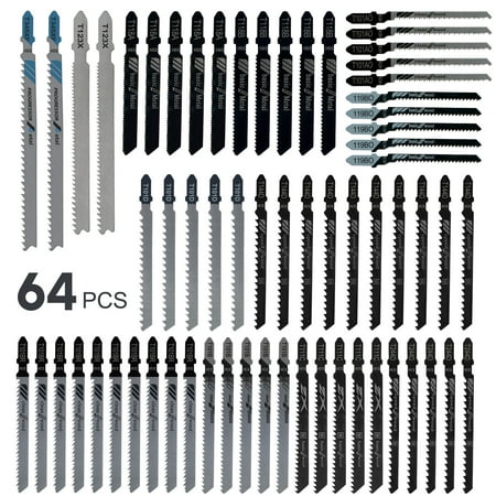 

Toorise 64Pcs Jig Saw Blade Set High Carbon Steel Assorted Saw Blades with T-shank Sharp Fast Cut Down Jigsaw Blade Woodworking Tool for Wood Metal Plastic Cutting