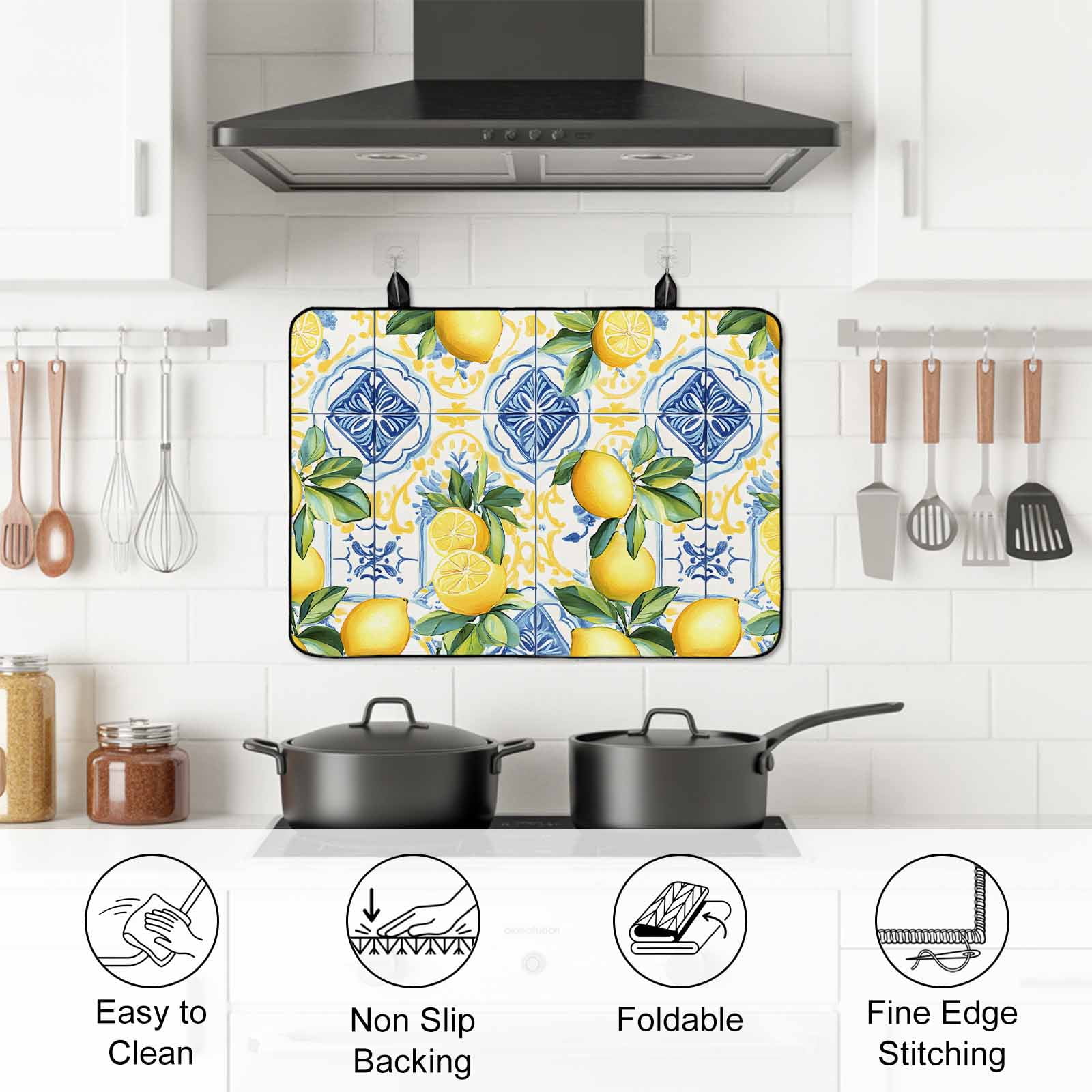 Botanical Lemon Stove Top Cover for Electric Stove, Heat-proof & Non Slip Glass Top Stove Cover Protector, Spring Countryside Floral Blue Tile Kitchen Flat Cooktop Rubber Mat 24x21 Inches