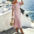 thumbnail image 5 of QUNYINEY Casual Summer Dresses for Women 2026 Long Striped Puff Short Sleeve One Shoulder A Line Dress Vacation Loose Fit Dresses, 5 of 5