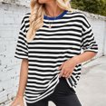thumbnail image 4 of Olyvenn Women Oversized Striped Color Block Short Sleeve Crew Neck T-Shirts Casual Loose Pullover Tops Summer Tee Shirt Black L, 4 of 6
