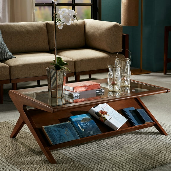 Pecan-colored Coffee Table With Glass - Space-saving Design For Living Room Solid Wood Tempered Top Contemporary Home
