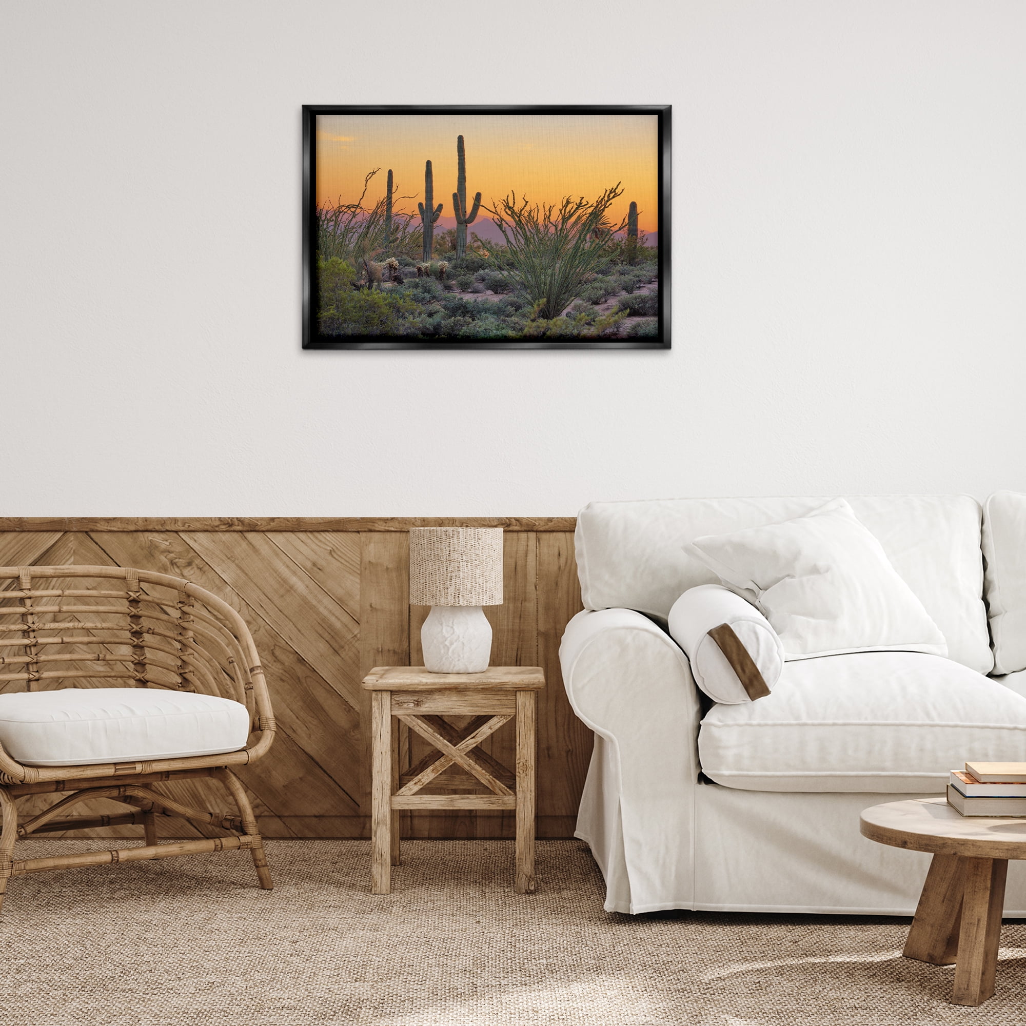 Stupell Industries Sunset Desertscape Cacti Landscape & Nature Photography Black Floater Framed Canvas Art Print Wall Art, 31 x 21