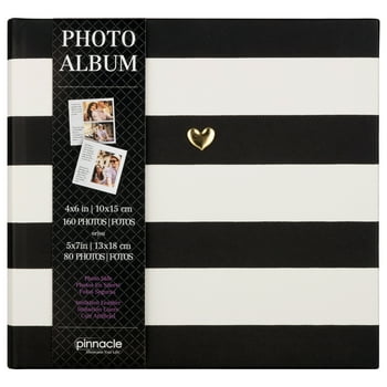 Pinnacle Frames & Accents Faux Leather Black and White Striped Heart Photo Album, Holds 160 4" x 6" Photos