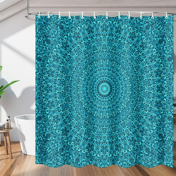 Teal Mandala Shower Curtain Fabric Shower Curtain Set with 12 Hooks Water-Proof 72 * 72 Inches for Bathroom Beach Caravan Hotel
