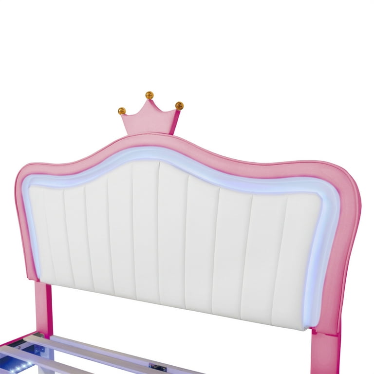 Full Size Bed Frame with LED Lights, Upholstered Platform Bed Frame with  Adjustable Crown Shape Headboard and Metal Legs, Leather Princess Bed, 