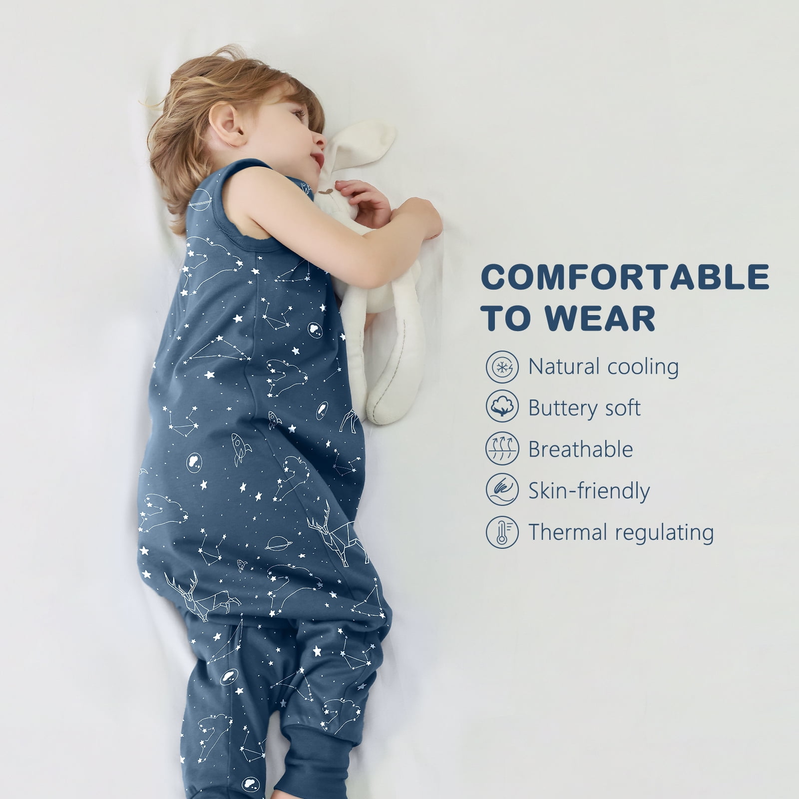 Mosebears 1.0 Tog Baby Sleeping Bag - Cotton Sleeveless Sleep Sack for Baby(navy blue,S(6-12 Months))