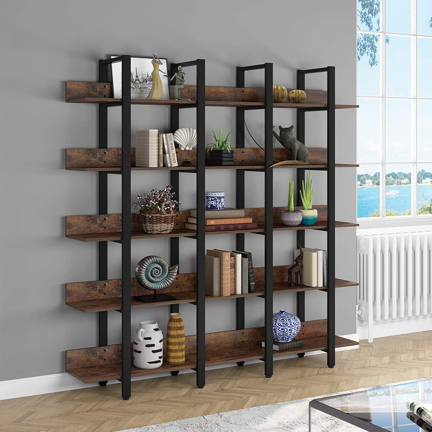 Industrial Large 5 Tier Open Bookcase Tribesigns Rustic Triple Wide