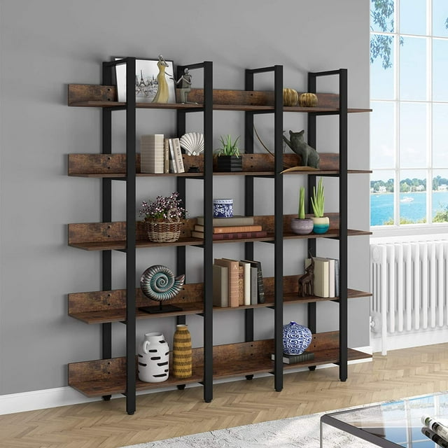 Industrial Large 5-Tier Open Bookcase, Tribesigns Rustic Triple Wide ...