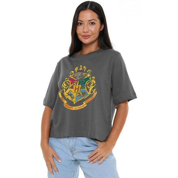 Harry Potter Hogwarts Crest Women's Boxy Cropped T-Shirt Casual Graphic Tee