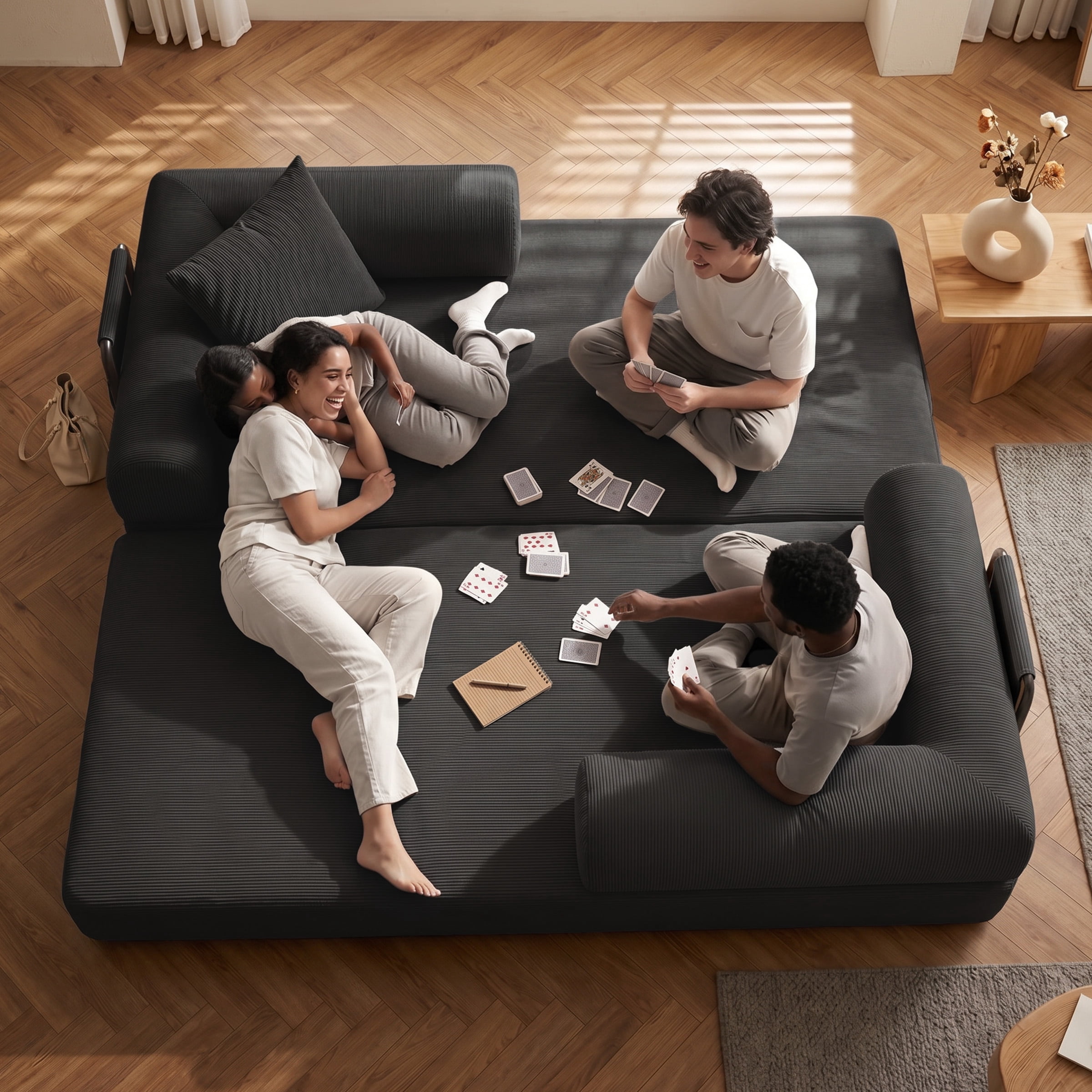 78" Convertible Sofa Bed with Two Storage Bag, Loveseat Couch with High Rebound Density Sponge for Living Room, Tool-Free Setup Love Seat with 2 Pillows, Black