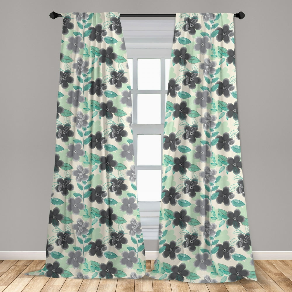 Floral Curtains 2 Panels Set, Abstract Nostalgia Pattern with Retro