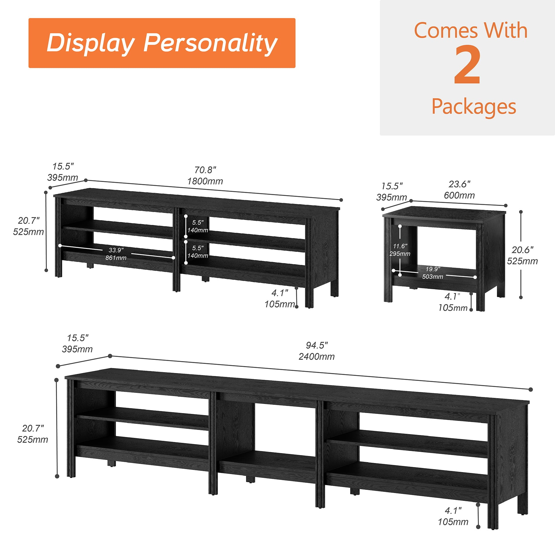 Fitueyes black TV Stand for 90 100 Inch TV Entertainment Center, Wood TV Table with Open Shelves for Living Room, 94 inch