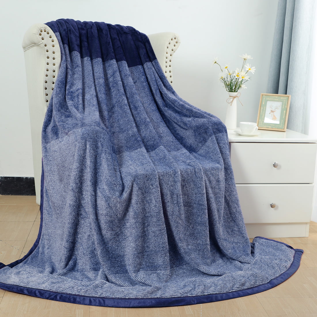 Unique Bargains Soft Warm Fuzzy Microfiber Gradient Blanket Navy Blue ...